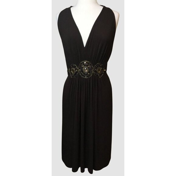 MixIt Sleeveless Deep V Neck Gathered Waist Embellished Brown Soft Knit Dress 16 - Picture 1 of 10